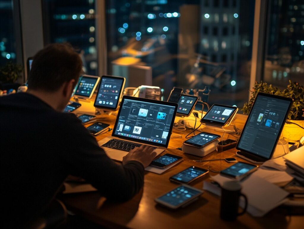 A professional QA engineer working at a desk surrounded by multiple devices, including tablets and smartphones, running automated app testing software. The scene is illuminated by city lights in the background, emphasizing a high-tech and dynamic workspace.