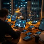 A professional QA engineer working at a desk surrounded by multiple devices, including tablets and smartphones, running automated app testing software. The scene is illuminated by city lights in the background, emphasizing a high-tech and dynamic workspace.