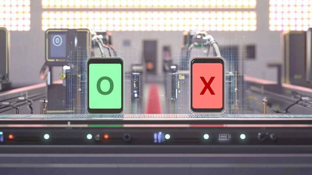 AI-powered quality control system analyzing mobile devices on an automated assembly line. A green 'O' and a red 'X' screen indicate pass/fail results, ensuring accurate defect detection.