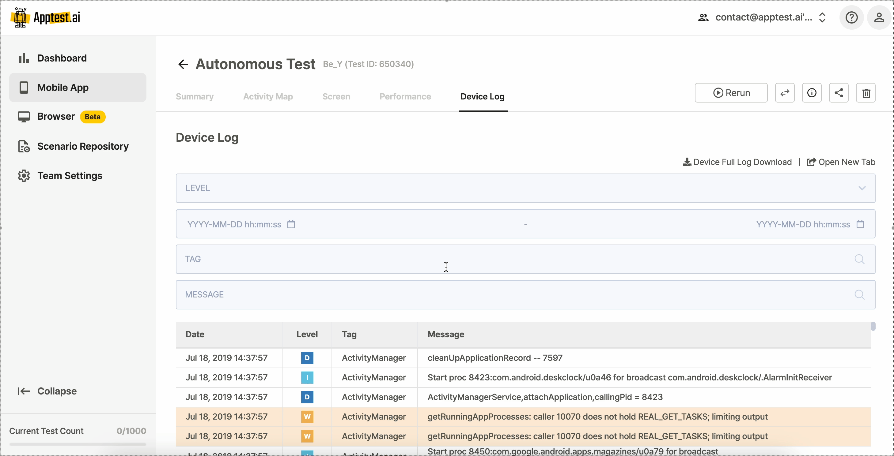 Device Log view in Apptest.ai showing crash data and root cause trace during automated mobile app testing.