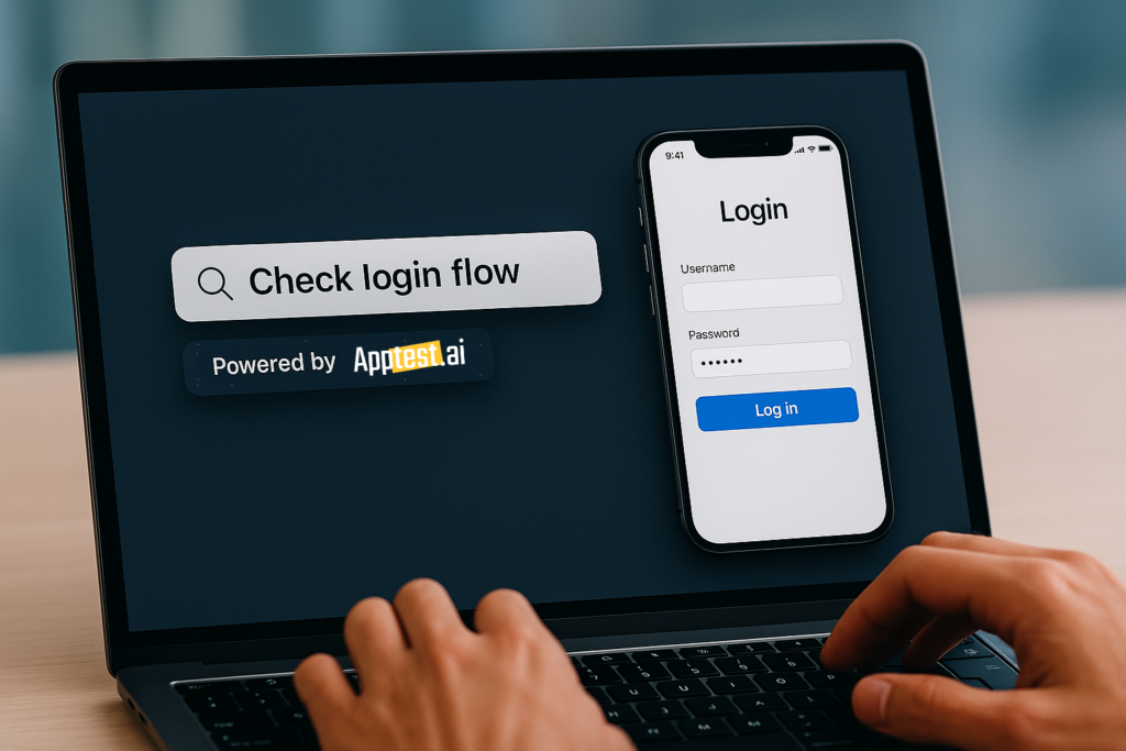 User testing login functionality with Apptest.ai through a prompt-based test interface that reads ‘Check login flow’ on a laptop and mobile screen.
