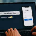 User testing login functionality with Apptest.ai through a prompt-based test interface that reads ‘Check login flow’ on a laptop and mobile screen.