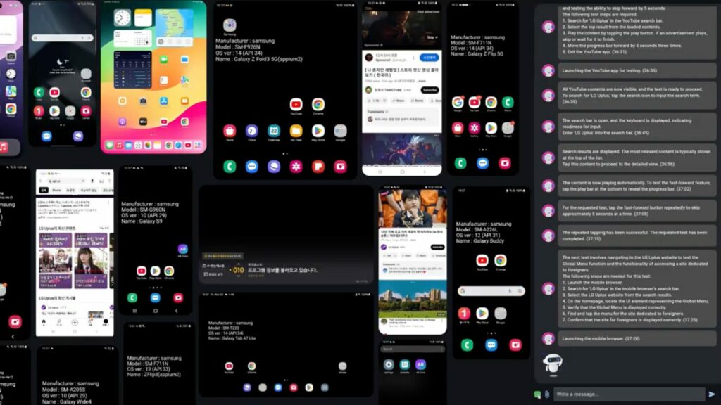 Multiple Android and iOS devices running automated AI test scenarios, including YouTube test flows, powered by Apptest.ai’s ixi Test GPT at MWC25.