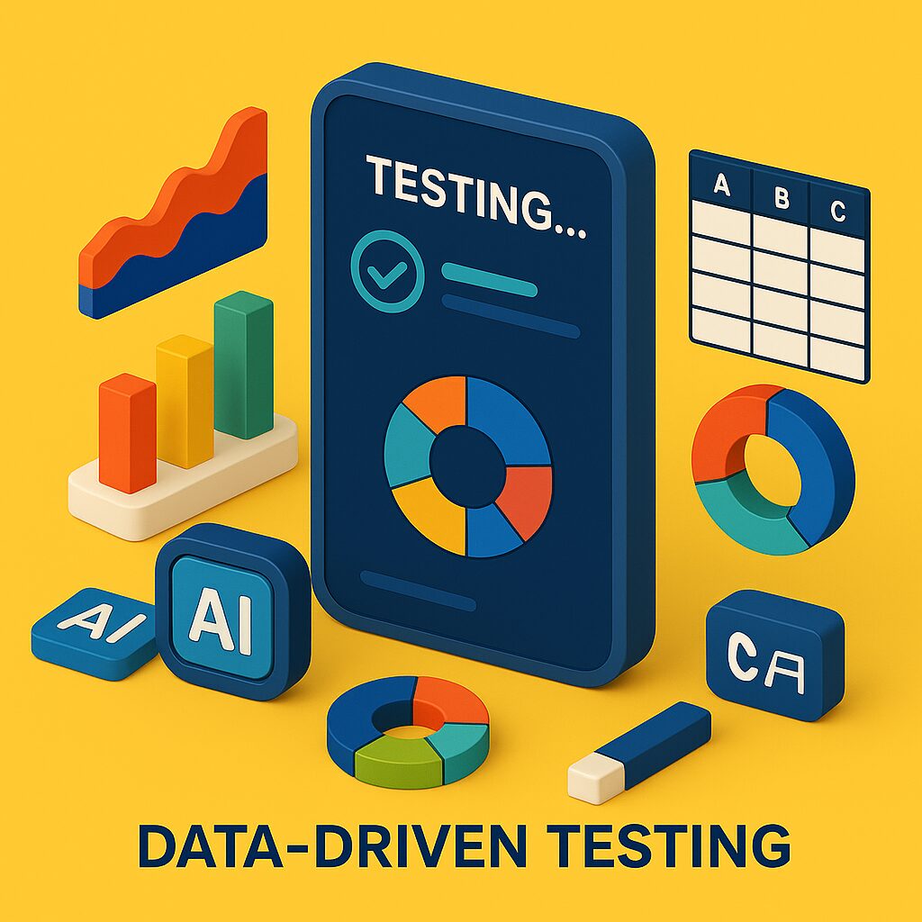 3D illustration on a yellow background showing a smartphone-like device displaying “TESTING...” with a multicolored pie chart on its screen, surrounded by bar and pie charts, a table labeled A B C, and cubes labeled “AI” and “CA”, with the text “DATA-DRIVEN TESTING” at the bottom.