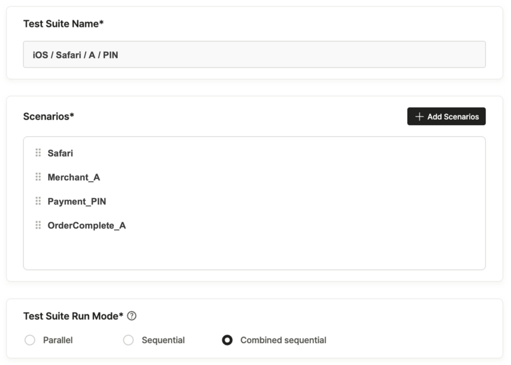 "Example of a Test Suite setup showing four automated test scenarios: launching a browser and navigating to the product page, proceeding through the purchase process, attempting payment with Company A’s card, and failing the transaction due to an exceeded limit."