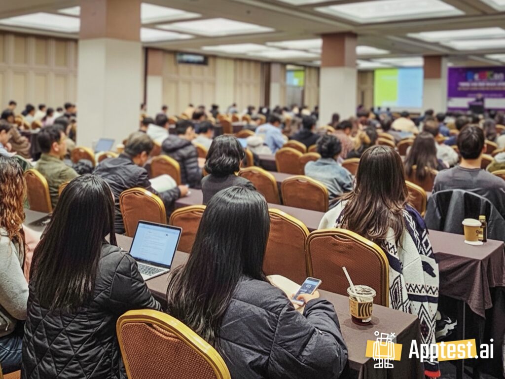 넓은 행사장에 긴 테이블과 의자가 줄지어 배치되어 있고, 참석자들이 노트북과 휴대폰을 사용하며 앞쪽 스크린의 발표 자료를 바라보고 있다. 우측 하단에는 Apptest.ai 워터마크가 보인다.