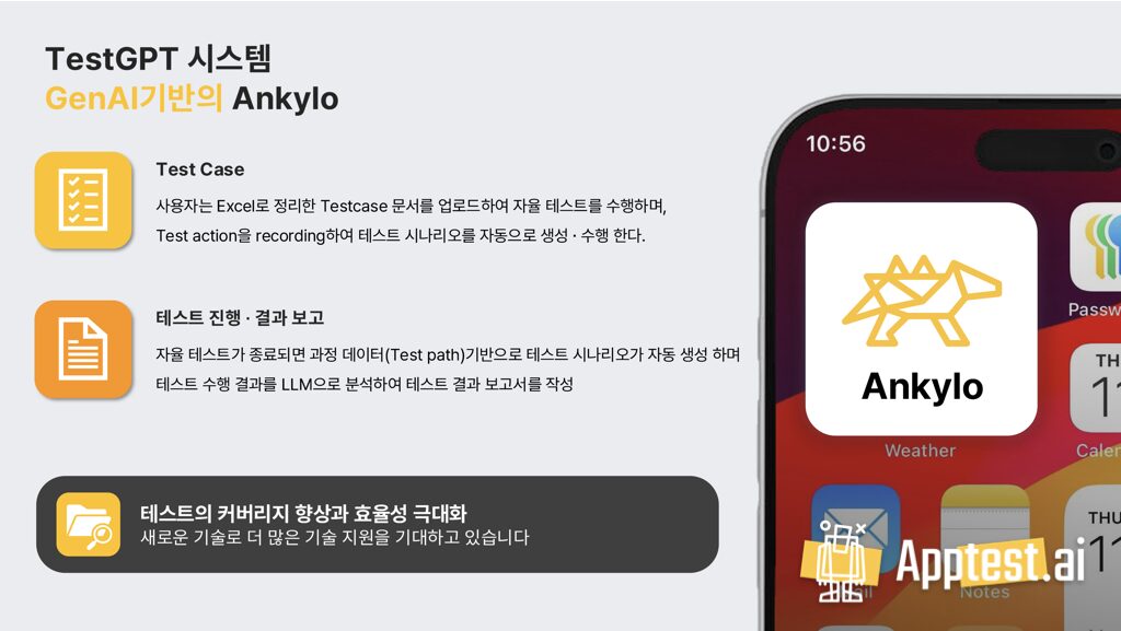 "TestGPT 시스템: GenAI기반의 Ankylo” 소개 슬라이드로, 좌측에 기능 설명(테스트 케이스 업로드, 테스트 진행 및 결과 보고)과 우측에 Ankylo 앱 아이콘이 보이는 스마트폰 화면이 함께 배치된 이미지