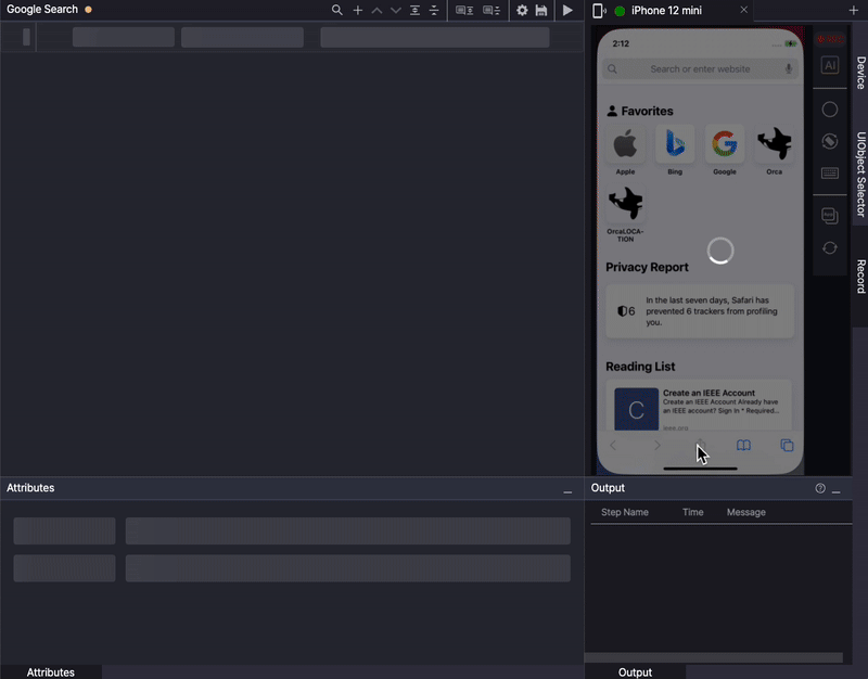 Stego v1.21 Record feature automatically generating test steps from real-time mobile device interaction without coding.