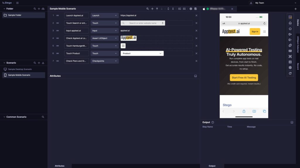 Stego Web scenario editor showing a sample mobile test flow on the left and an iPhone preview on the right running the Apptest.ai website.