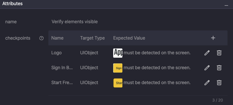 Stego Checkpoint Action interface allowing multi-validation of UI elements and soft assertions in a single test step.
