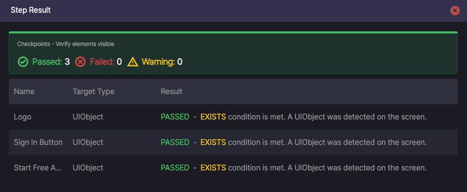 Stego Checkpoint Action interface allowing multi-validation of UI elements and soft assertions in a single test step.