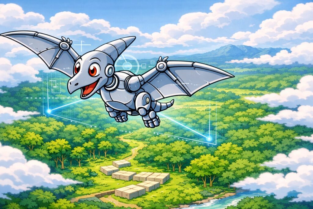 Robot pterodactyl flying over a forest landscape with map scanning overlays
