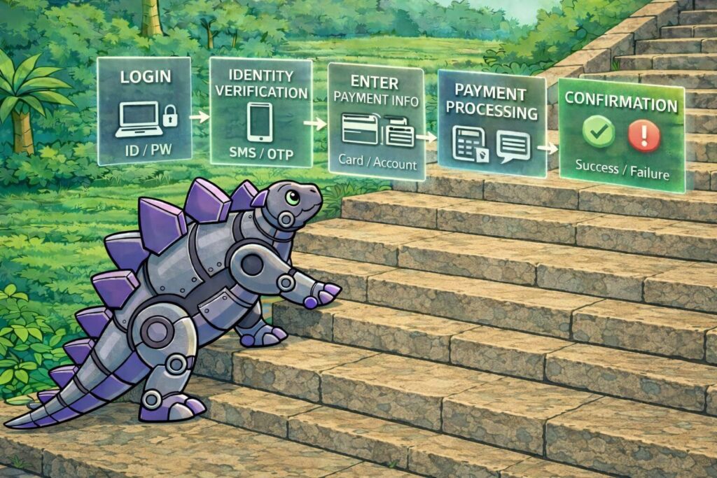Scenario testing illustration showing an end-to-end user journey from login to confirmation