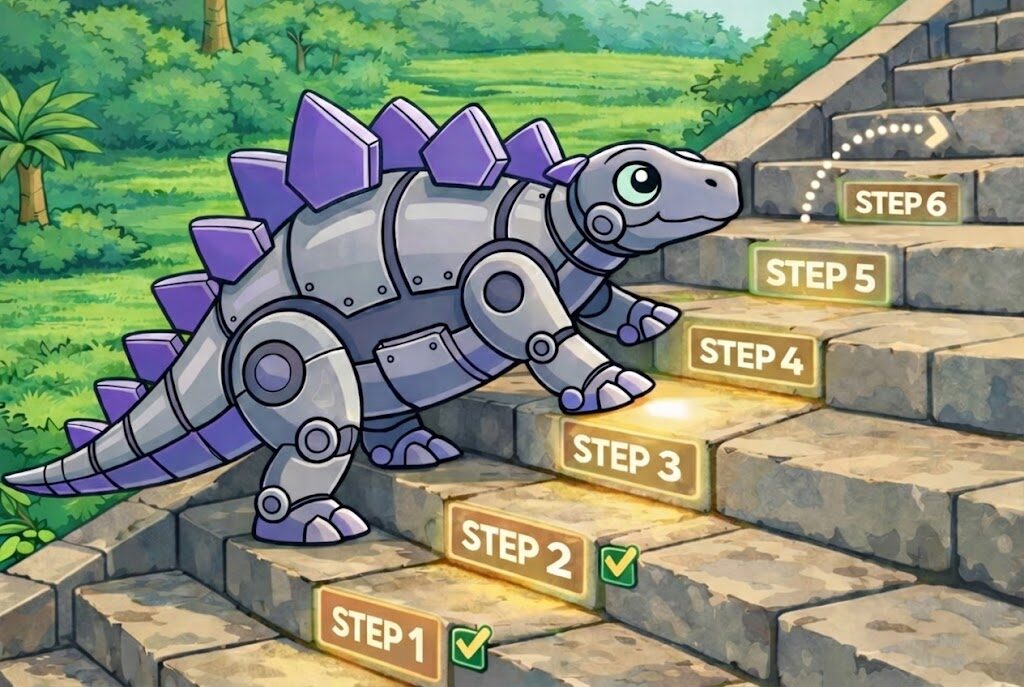 Robot dinosaur climbing stairs labeled Step 1 to Step 6