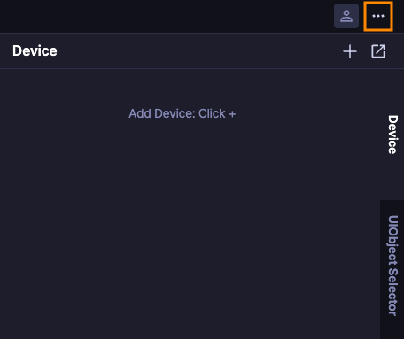 Screenshot of the Apptest.ai device panel showing an empty Device tab with an "Add Device: Click +" prompt. The three-dot menu icon in the upper right corner is highlighted with an orange border.