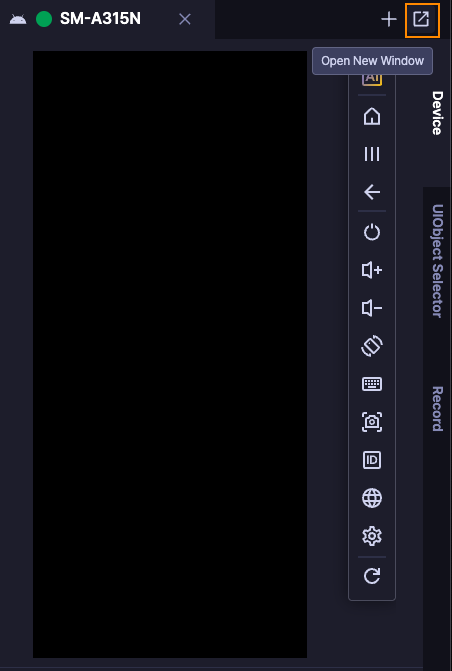 Screenshot of the Apptest.ai mobile testing interface showing an SM-A315N device with a black screen. An "Open New Window" tooltip is displayed in the upper right corner, highlighted with an orange border.