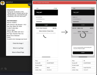 Error notification showing a detected app issue sent instantly to the tester via messenger alert.