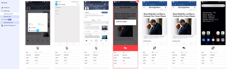 A well-known community app under autonomous exploratory testing, where the AI detected a crash and forced app termination.